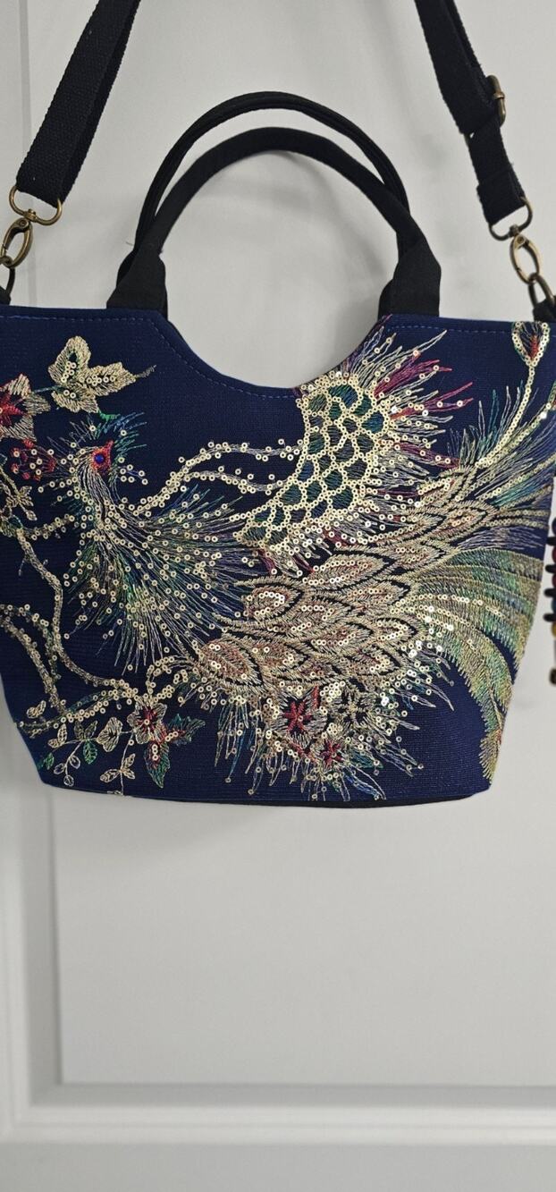 BLACK EMBROIDERED AND SEQUIN PEACOCK HANDBAG